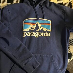 Patagonia Navy Hoodie with Multicolor Mountain Logo